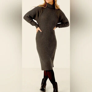 NEW YAS mavi midi turtleneck sweater dress warm ribbed brown fungi classic USL